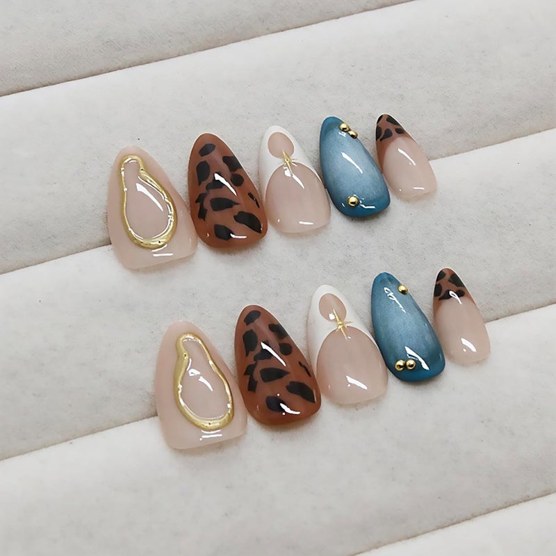 ASABITE 24Pcs Almond Press on Nails Medium Fake Nails with Glue French Tip False Nails with Brown Leopard Design Artificial Acrylic Nails Press ons Reusable Almond Nail Holiday Glue on Nail for Women - Image 4